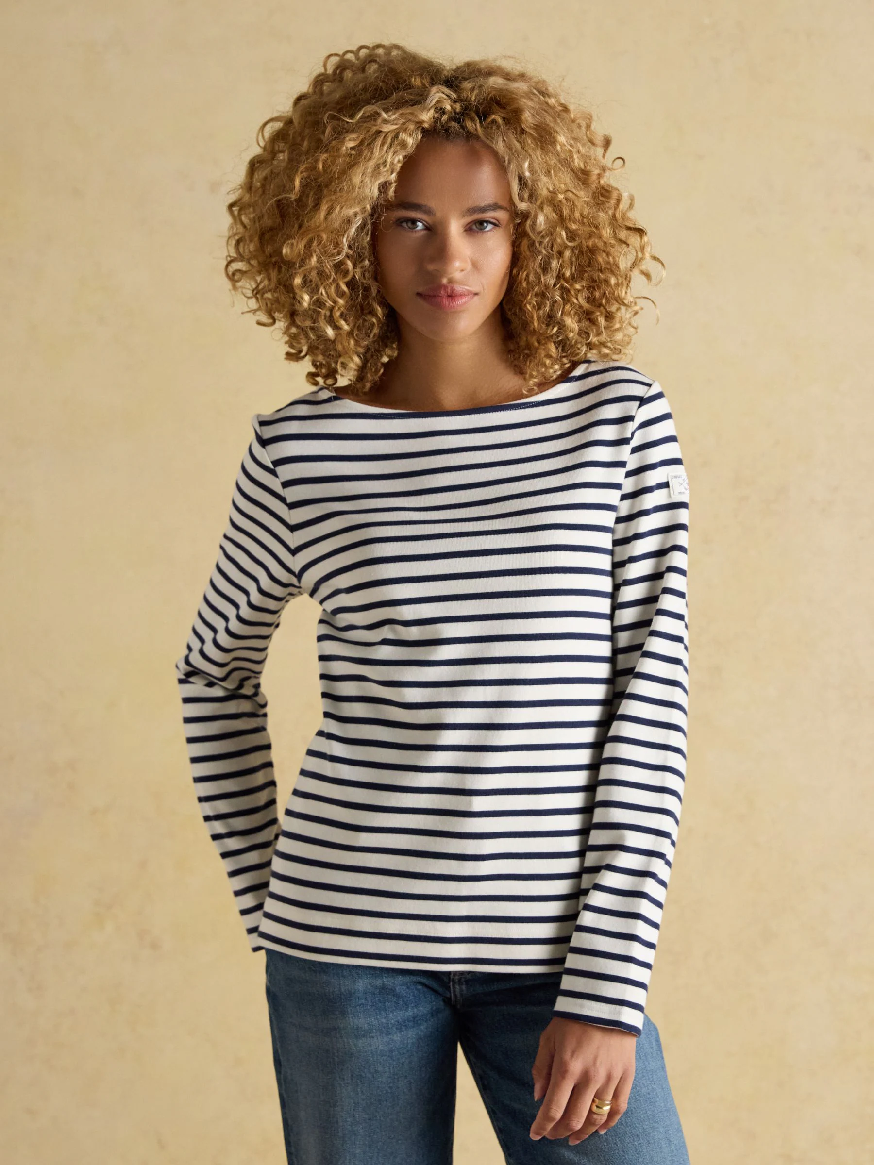 Crème en marineblauw - Joules Harbour Boat Neck Long Sleeve Breton Stripe Top