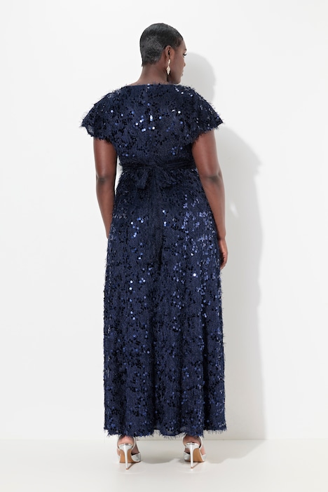Abendkleid, Pailletten, Fransen, V-Ausschnitt, Halbarm
