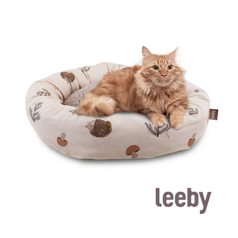 Cama para gatos Leeby branca antiderrapante em formato de donut com ouriços.