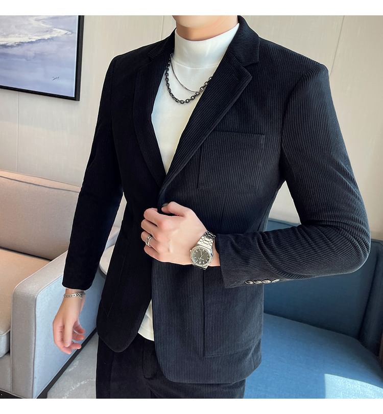 Blueforce - Reverskraag effen corduroy enkelrijs blazer / Mid-rise taps toelopende broek / Set