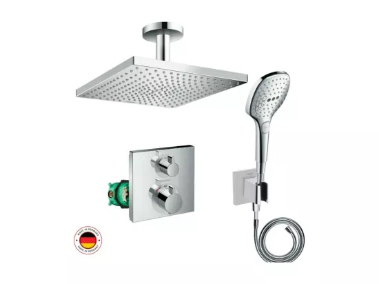 Lot robinet douche encastré thermostatique HANSGROHE Ecostat Square + Douche de tête Raindance E 300 fixation plafond