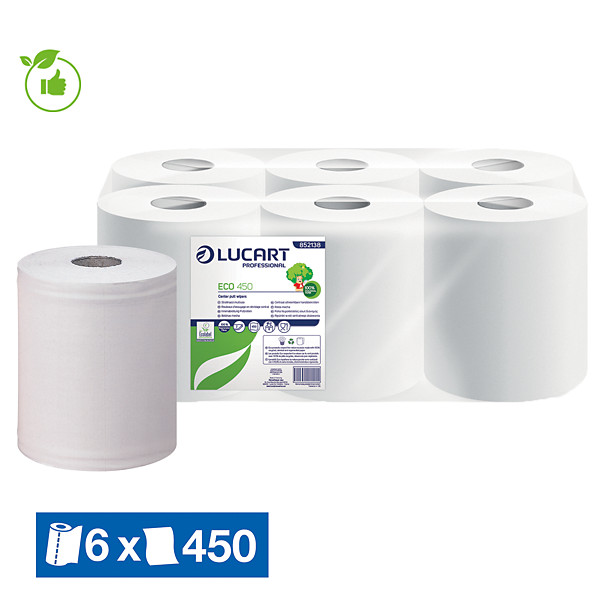 Bobines d'essuyage blanches à dévidage central Lucart Eco 450, lot de 6