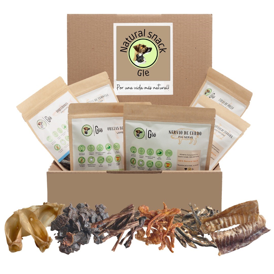 GLE PETS - PACOTE DE PETISCOS NATURAIS, PETISCOS SAUDÁVEIS PARA CÃES, 6 SACOS SORTIDOS, PARA ROER, CAIXA MARROM