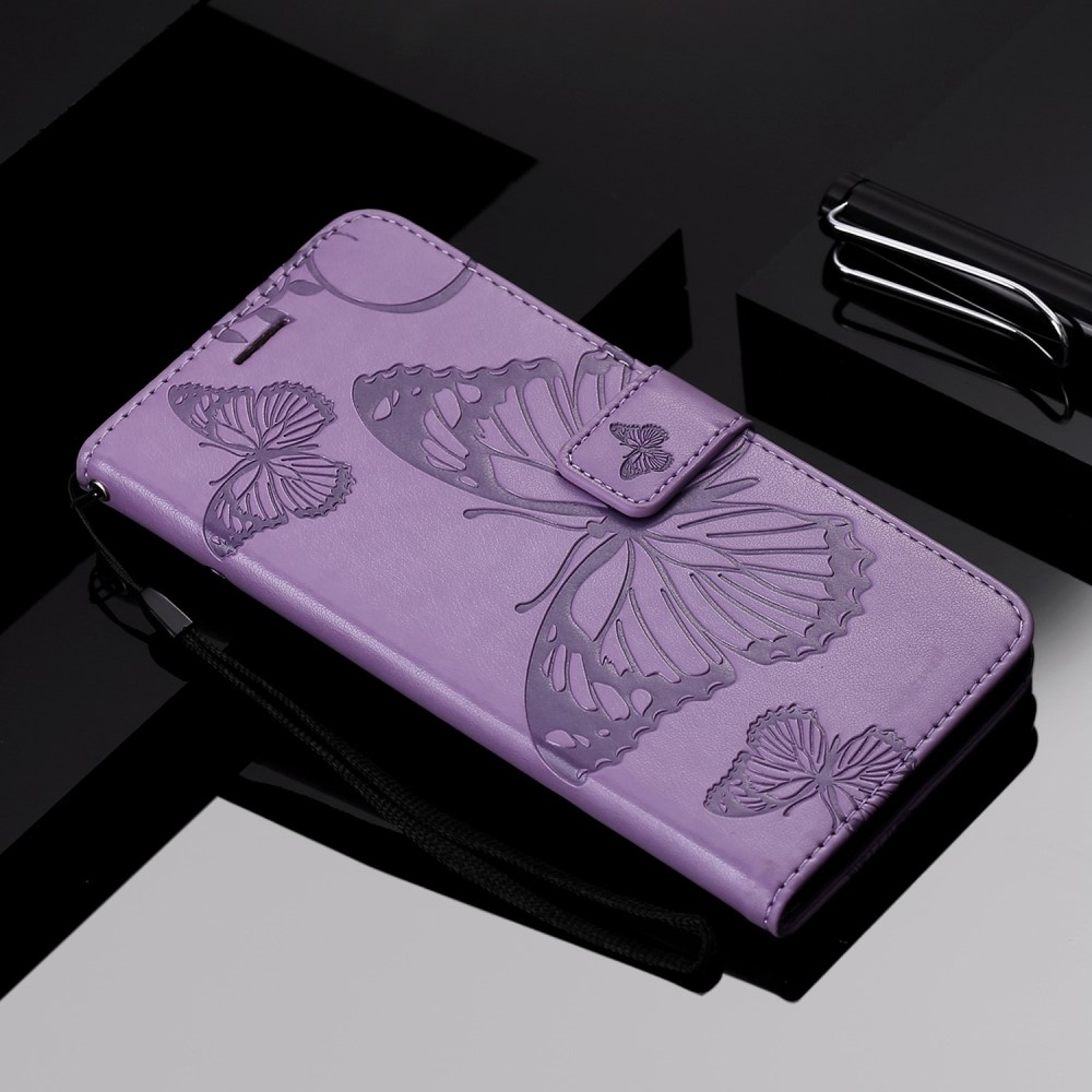 iPhone 14 Leder Tasche mit Kartenfach   Handschlaufe Schmetterling - Lila
