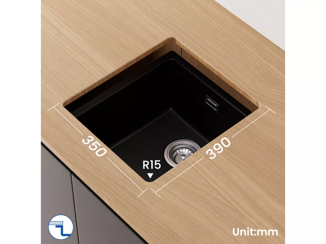 CECIPA MAX Evier 1 Bac en Quartz et Résine Noir Gris 40*44*20cm + Mitigeur Rabattable Noir Robinet Pliable Mitigeur Sous Fenêtre