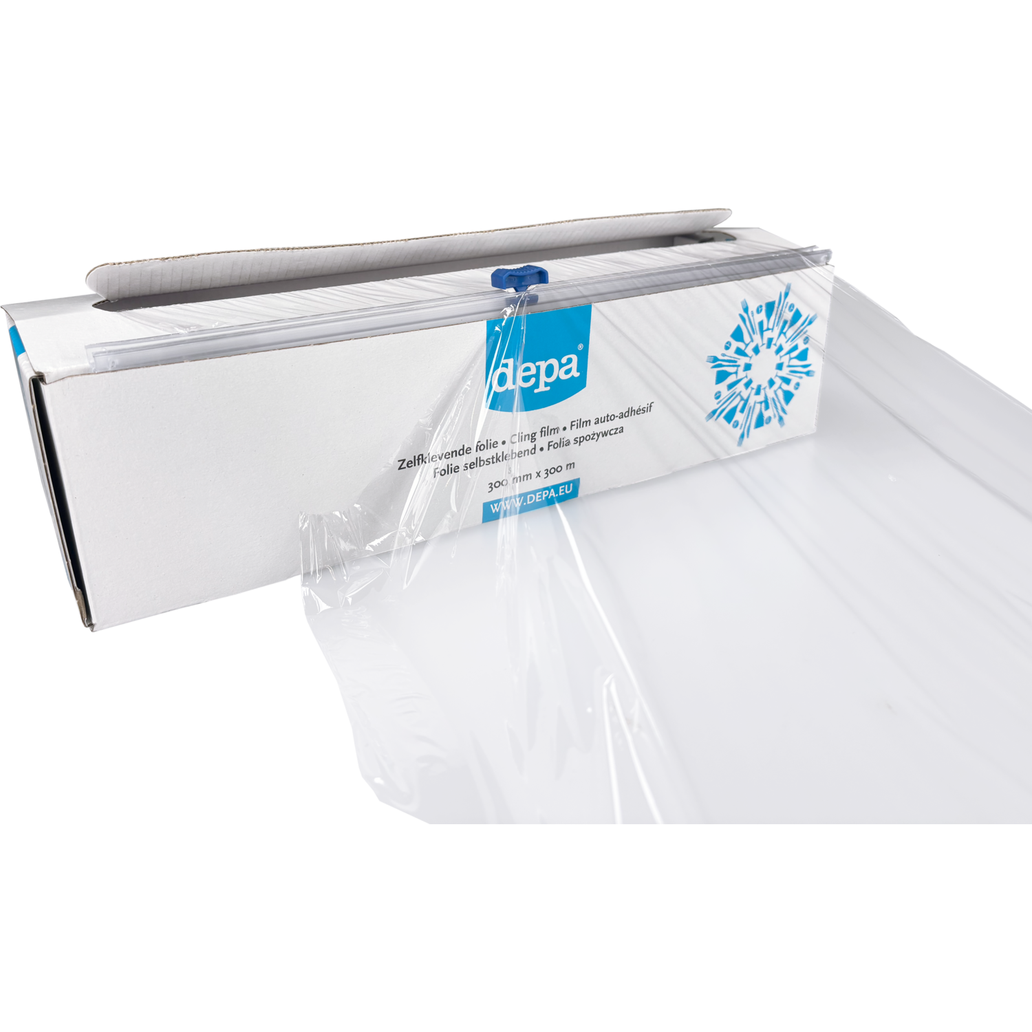 Depa Folie, zelfklevend, op rol/dispenserdoos, PVC, 30cm, 300m, 8my, transparant