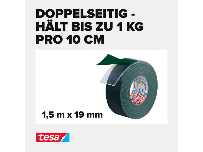tesa Montageband Powerbond Outdoor ohne Bohren - 1.5m x 19 Doppelseitiges Montageband, Aussenbereich, Wasserfest, stark, UV-beständig