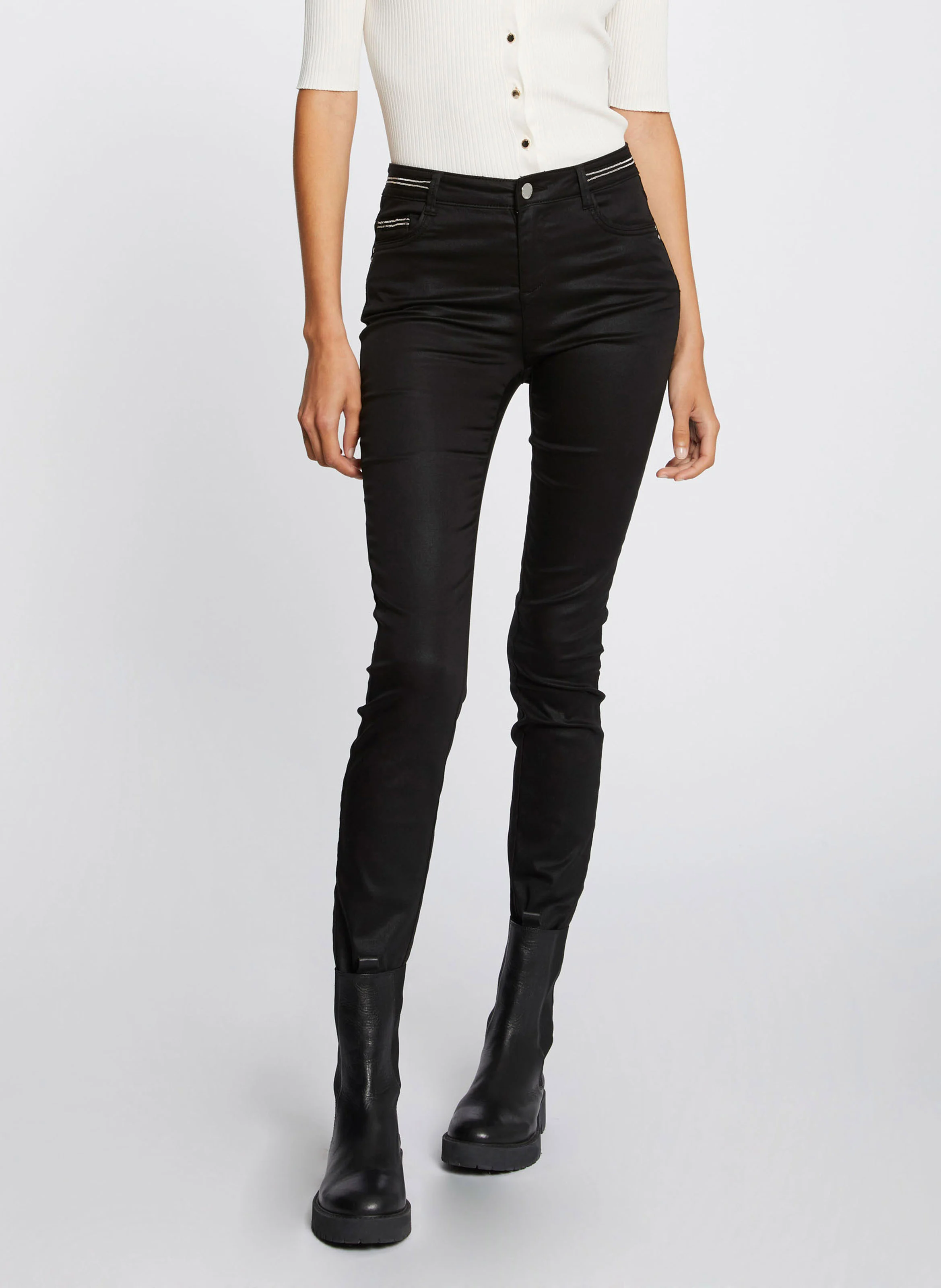 PALONA - Pantalon slim enduit | Noir