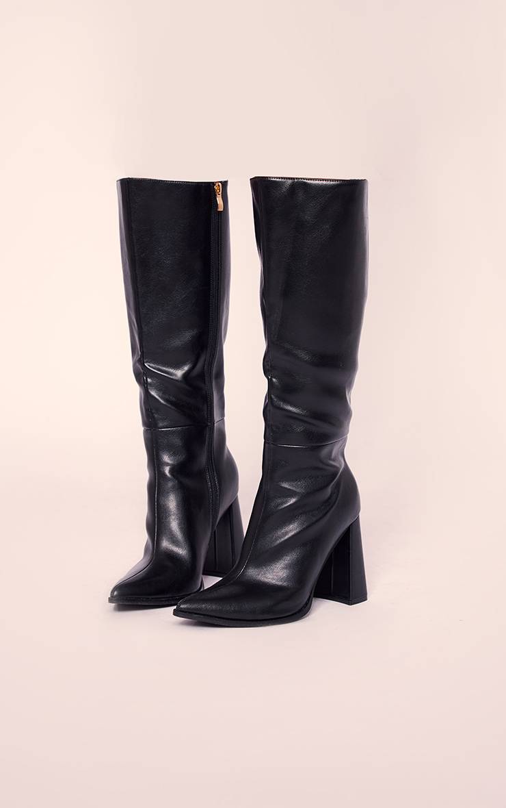 Noir Bottes Hautes À Talon Bloc En Synthétiquecuir À Bout Pointu
