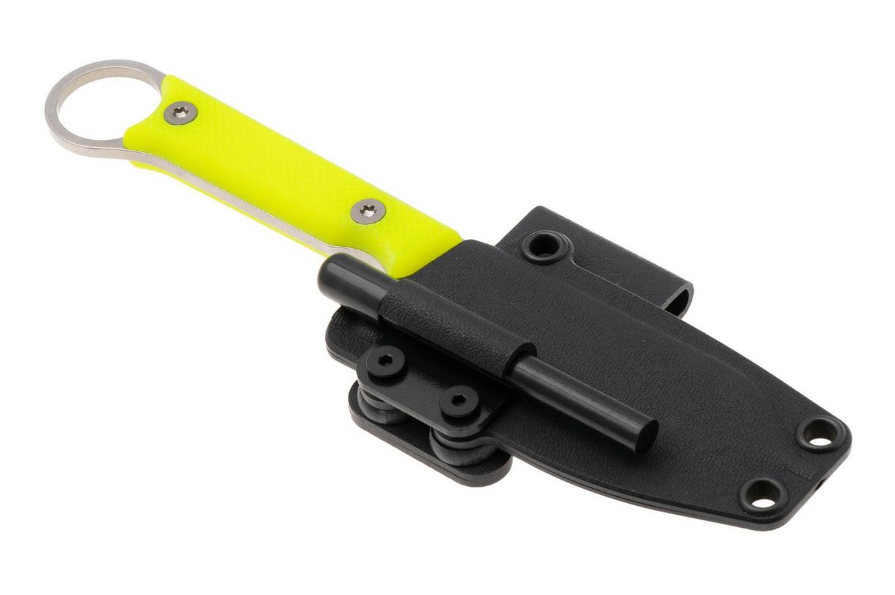 White River Firecraft 3.5 Pro, Stonewashed Magnacut, Yellow G10, survivalmes, Kydex schede met firesteel