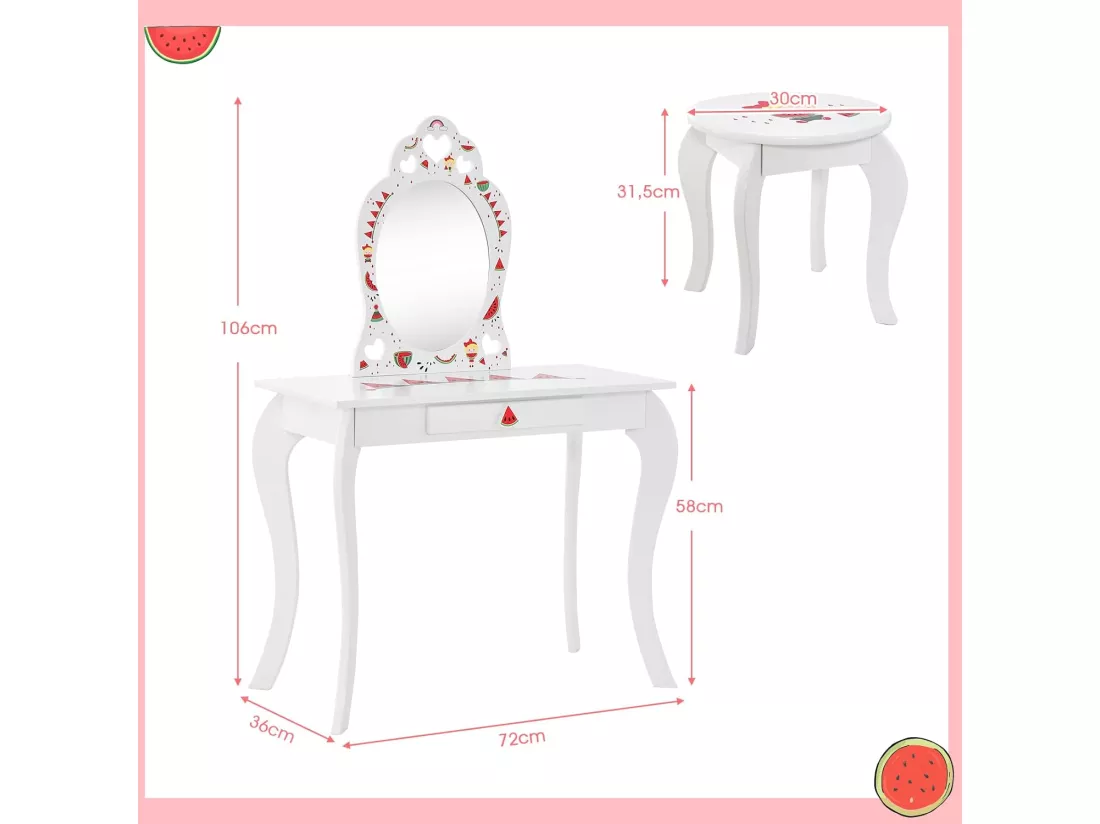 2 en 1 Coiffeuse Enfants avec Tabouret & Miroir Princesse Amovible, Table de Maquillage avec Tiroir & Motif de Pastèque, Dispositif Anti-basculement, Charge 30/50kg pour Fille de 3 Ans+
