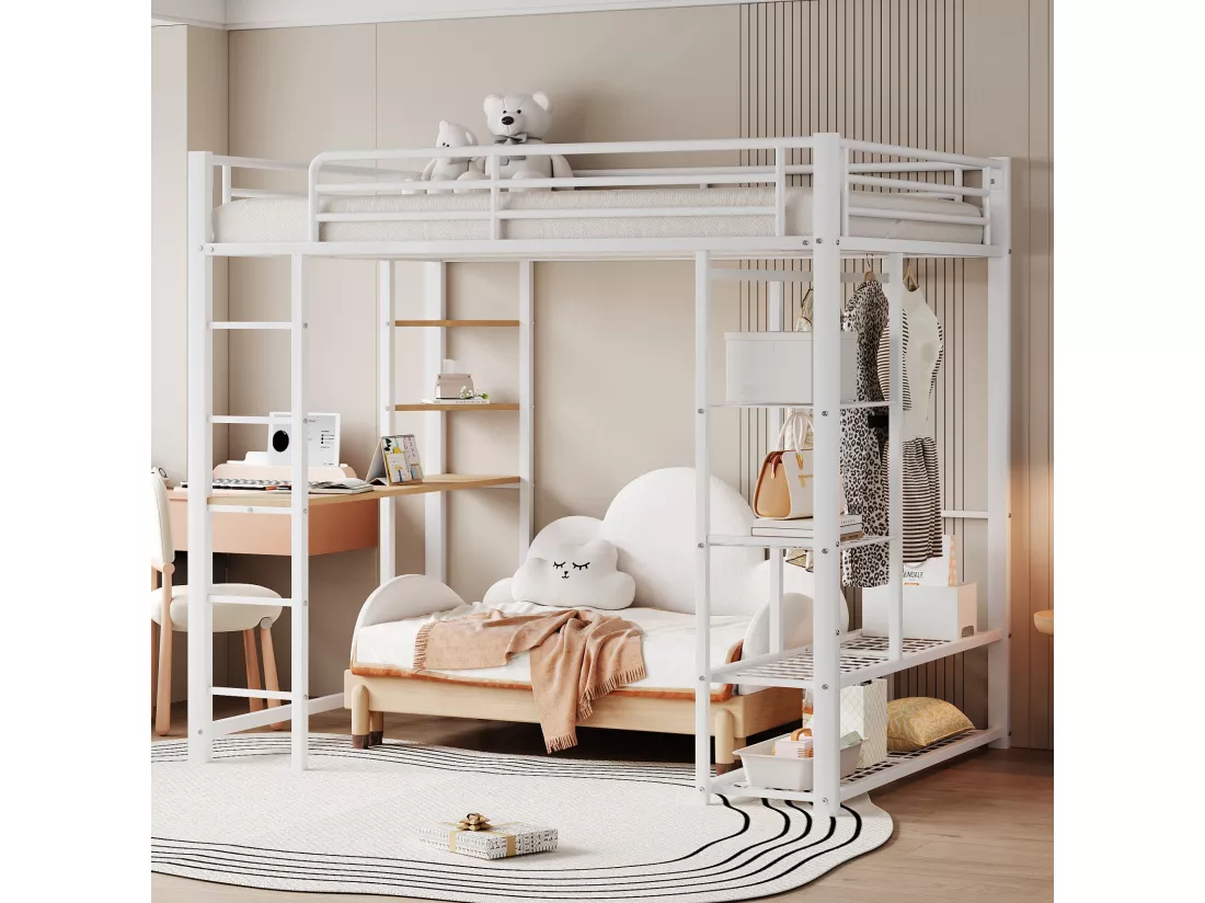 Lit mezzanine 140 x 200 cm avec bureau et étagères de rangement - métal - sommier à lattes - blanc (sans matelas)
