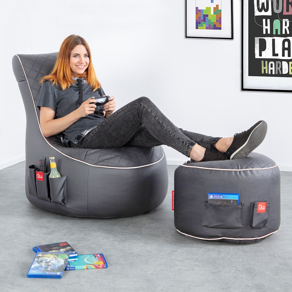 Gaming Sitzsack Bundle Classic - Kunstleder Granite Hurricane (Hellgrau/Weiß)