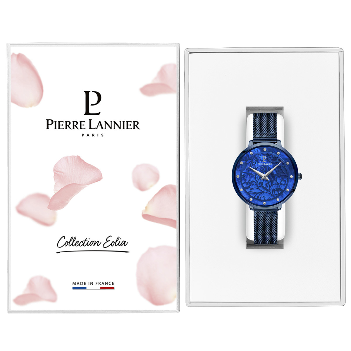 Montre Pierre Lannier femme acier doré rose bracelet acier bleu maille milanaise