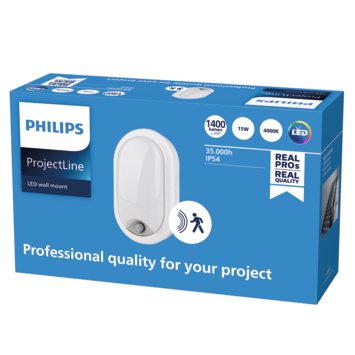Philips ProjectLine wandlamp ovaal 15W spatwaterdicht 4000K met bewegingssensor