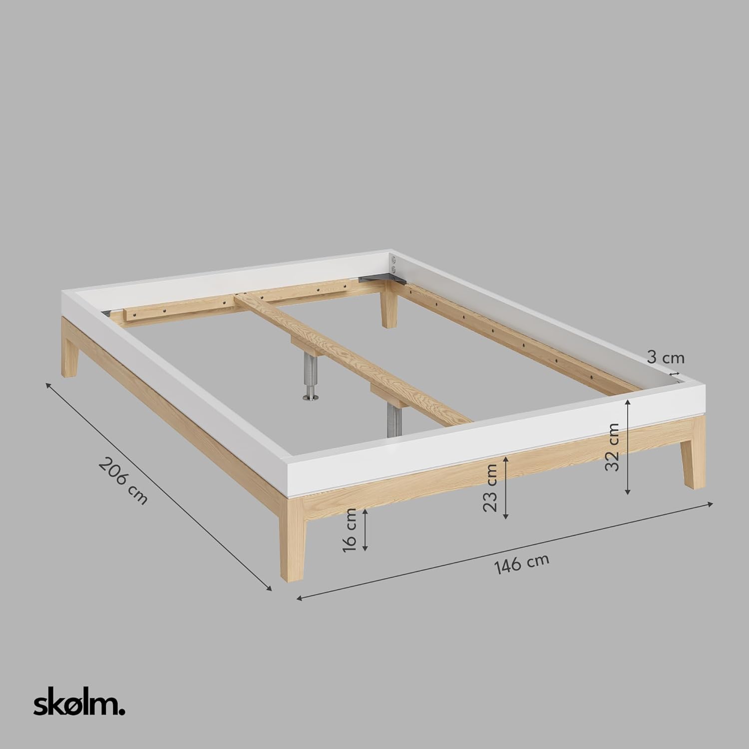 skølm Freyr Bett 140x200 cm, Holzbett weiß/Natur Scandi Style, Doppelbett aus Birke Massivholz und MDF, Bettgestell ohne Kopfteil, Maße: H 32 x B 146 x T 206 cm – B-Ware