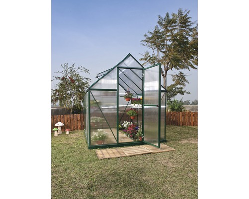 Palram kas – Canopia Mythos 6x8 dubbelwandige polycarbonaat panelen 4 mm incl. funderingsframe, gootsysteem 185 x 247 cm groen