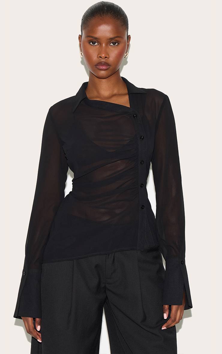 Noir Chemise En Mousseline Asymétrique