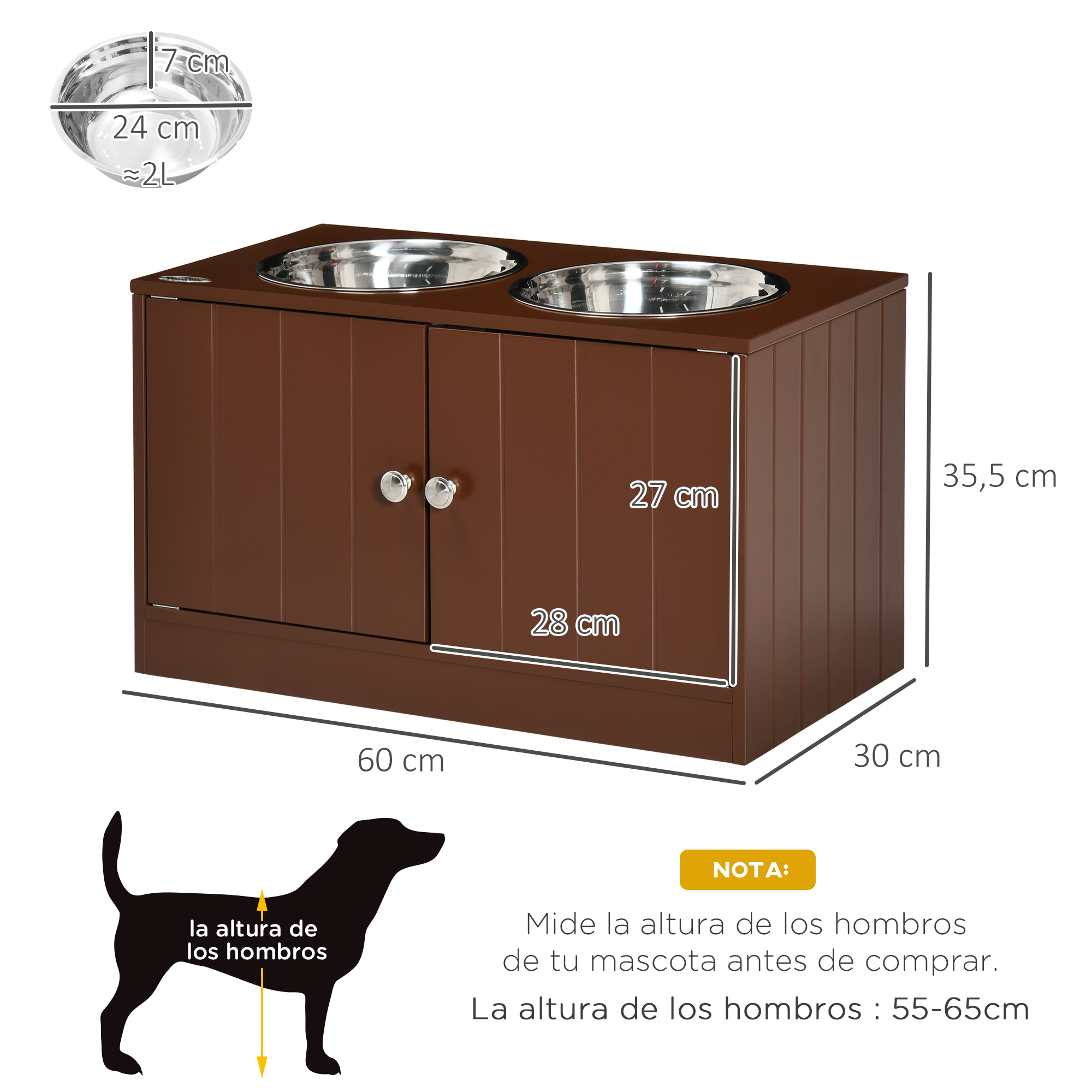 Comedouro elevado PawHut para cães grandes com 2 tigelas de aço inoxidável de 2000 ml, com 2 portas e compartimento de armazenamento oculto, 60 x 30 x 35,5 cm, marrom.