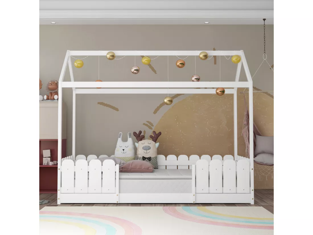 Lit cabane enfant - 90 x 200 cm - bois massif - barrière et sommier à lattes - blanc