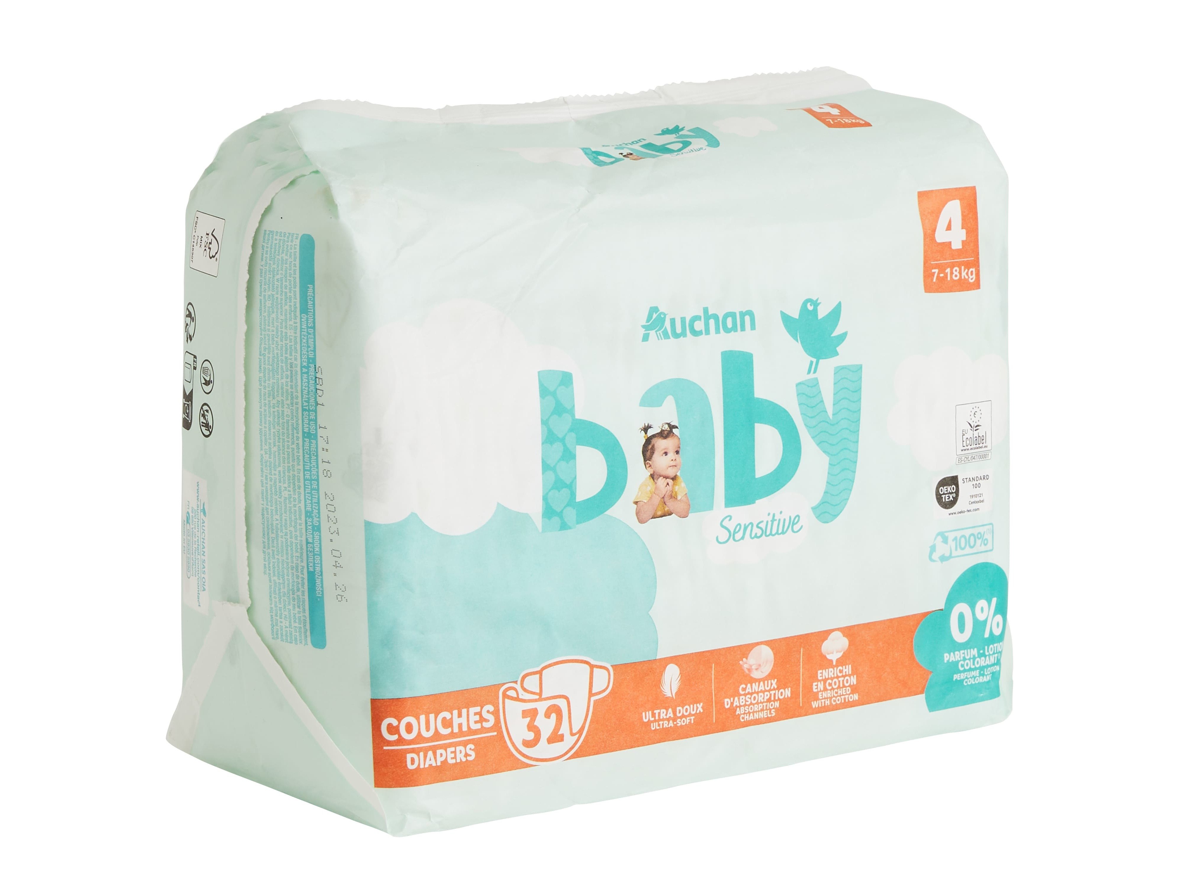 FRALDAS AUCHAN BABY SENSITIVE ECOLÓGICAS TAMANHO 4 7-18KG 32UN
