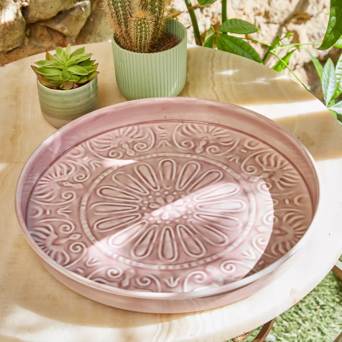 Plateau rond décoratif (D32 cm) Fleurs d'Ésmée Rose pâle