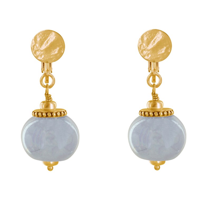 Boucles d'Oreilles Clip Métal Doré et Grosses Perles en Céramique