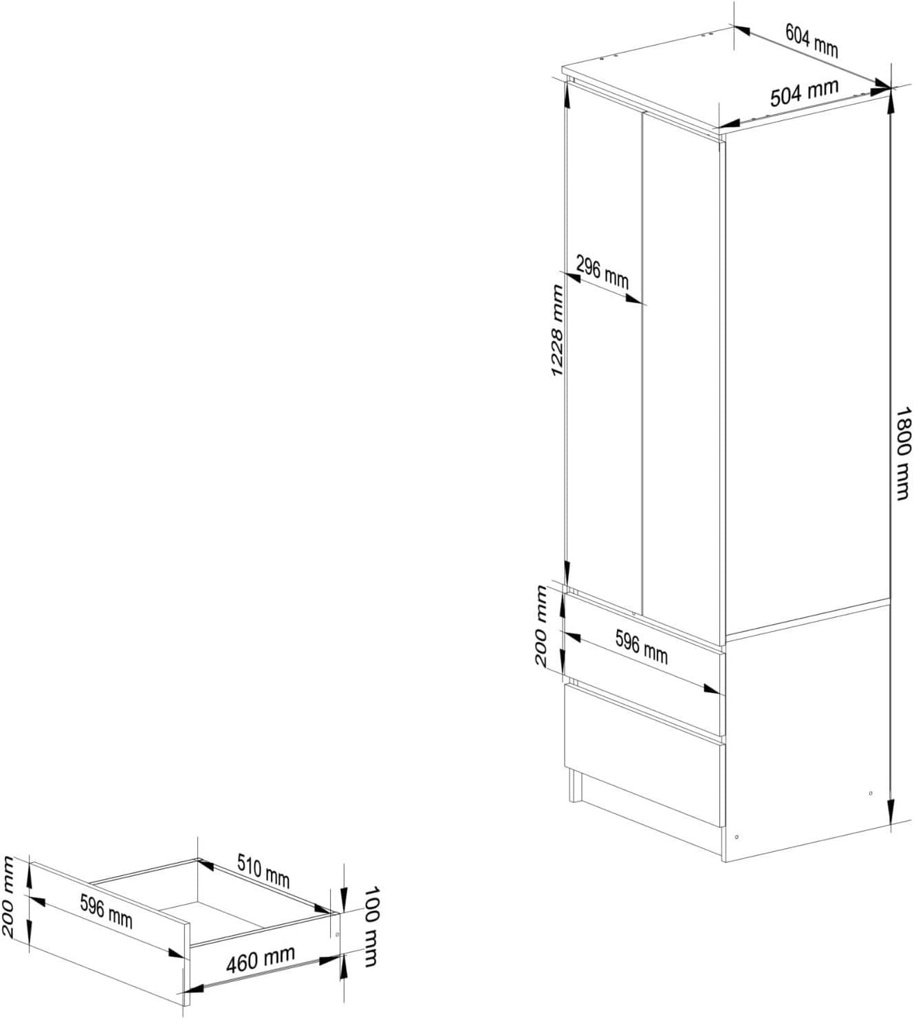 Home Collective Kleiderschrank weiß 60cm breit 180cm hoch, Schrank mit 2 Türen und 2 Schubladen, Kleiderstange und 1 Regal, Garderobe, Schlafzimmer, Wohnzimmer