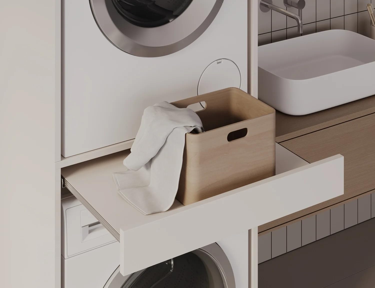 PLATAN ROOM Waschmaschine Trockner Schrank mit Ausziehbrett • Waschmaschinenschrank für Waschmaschine & Wäschetrockner • Überbauschrank 187 x 65 x 66 cm (Weiß)
