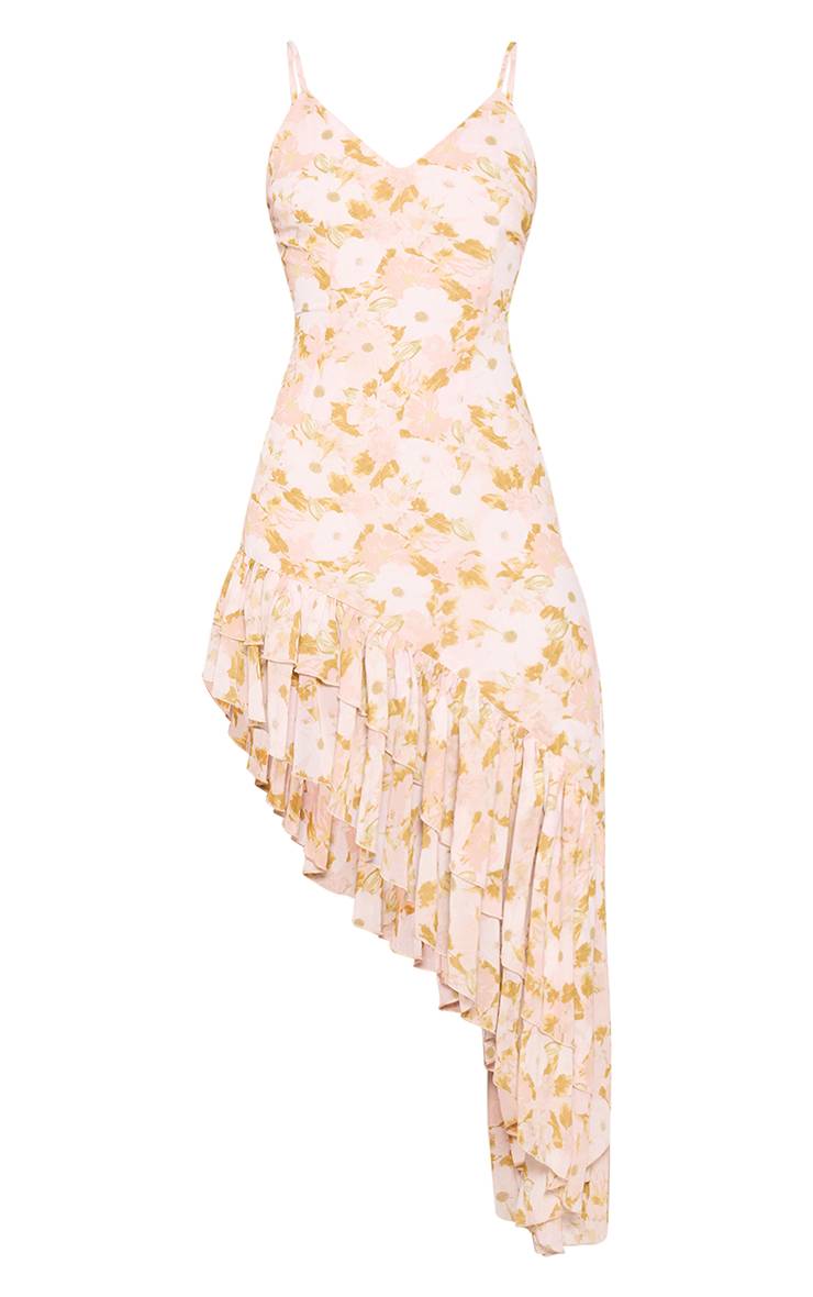 Crème Robe Midaxi Asymétrique À Bretelles À Motif Floral