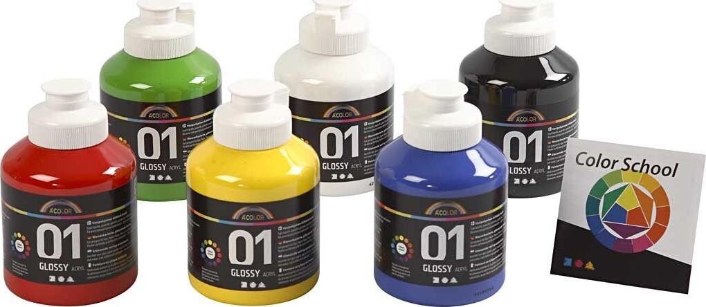 Akrylmaling Sæt - Primærfarver - Blank - 01 - 6X500Ml - A-Color