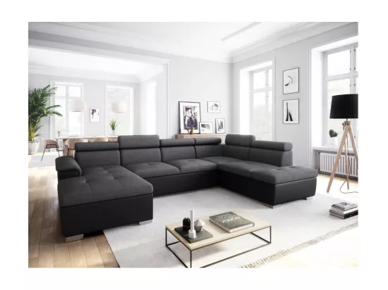 Canapé d'Angle Panoramique 6 Places Paola Convertible en Simili et Tissu Avec Coffres - Gris/Noir - L322 x P196 x H76cm - Loungitude