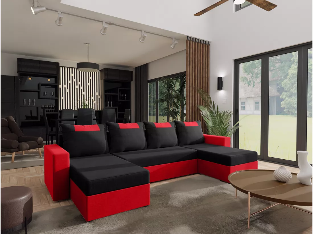 CANAPÉ PANORAMIQUE avec fonction de couchage Susanne jusqu’à 8 places, Noir+Rouge