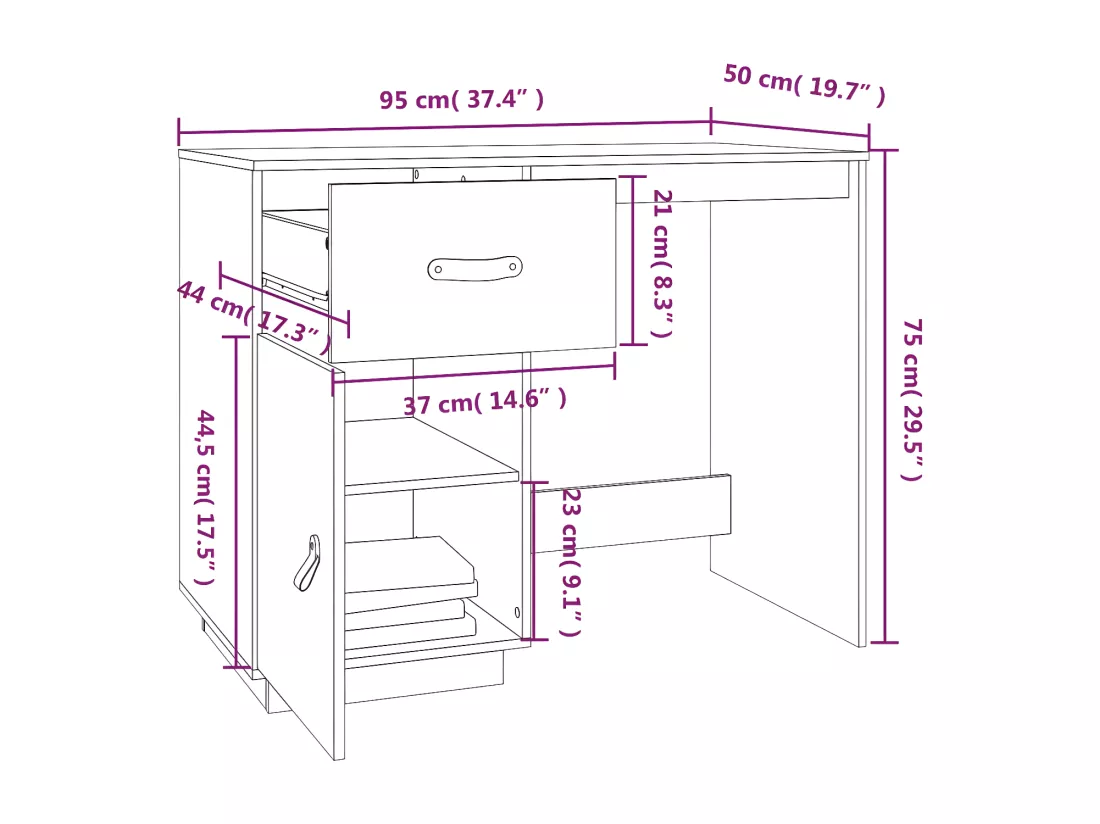Bureau 95x50x75 cm Bois massif de pin