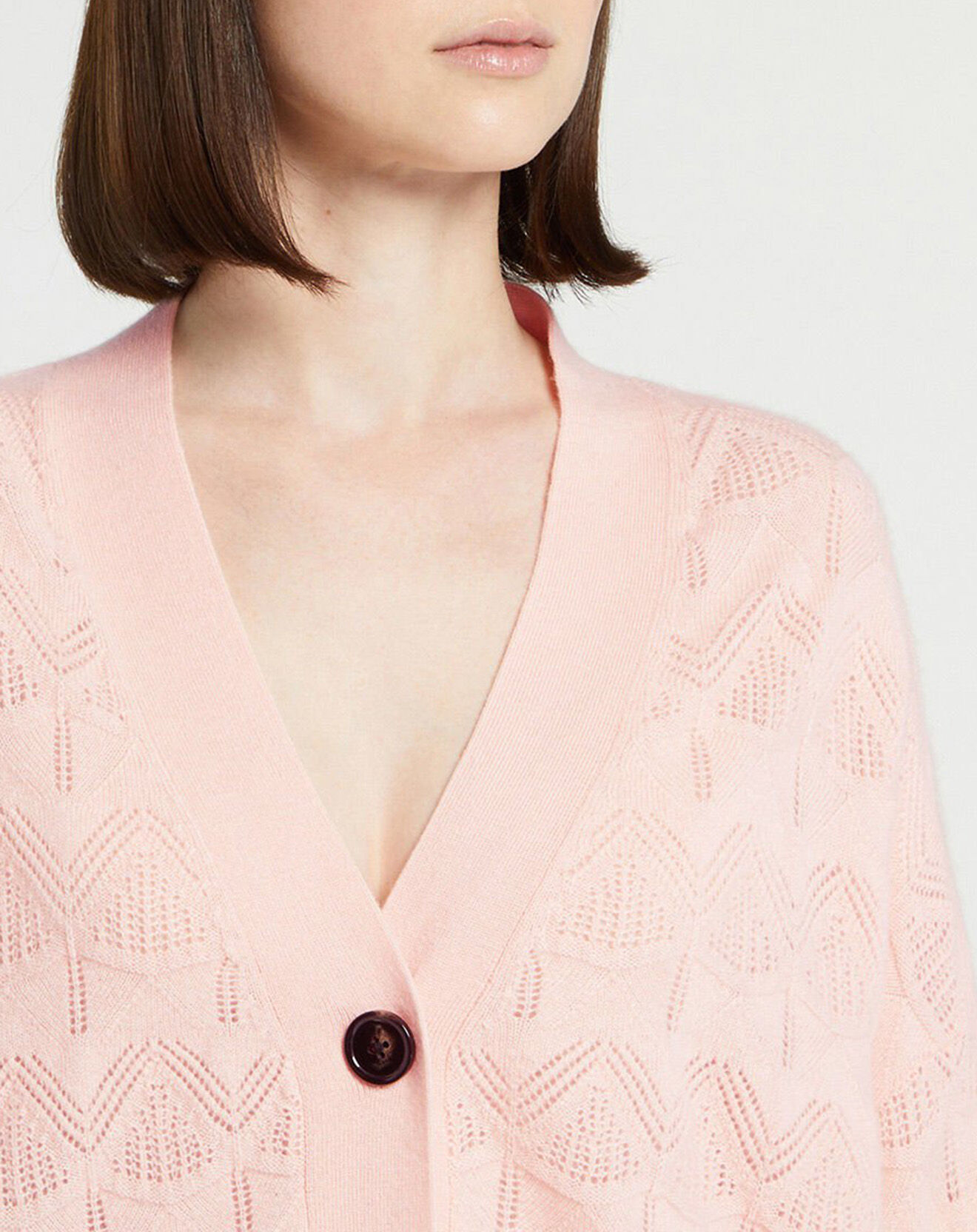 Galeries Lafayette Cardigan en Laine & Cachemire Fabiola ajouré col V rose clair
