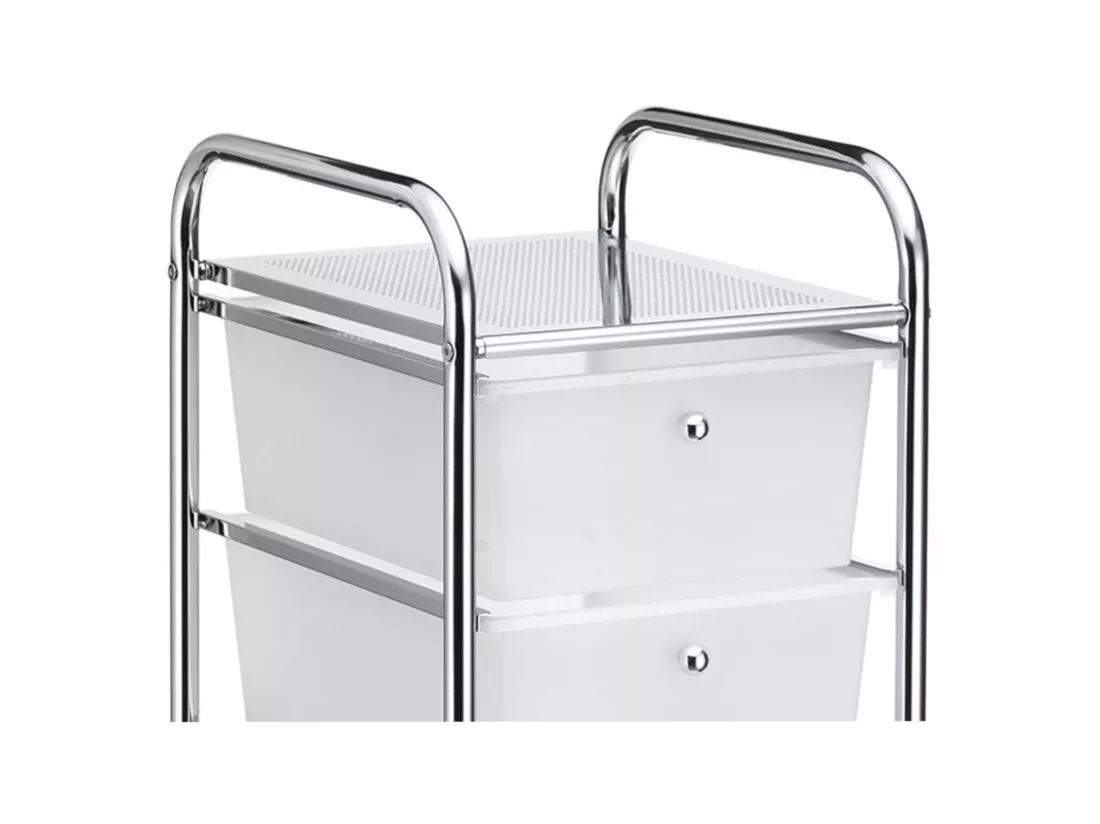 Caisson sur roulettes SANO chariot avec 4 tiroirs en plastique blanc transparent et 1 étagère, rangement salle de bain métal chromé