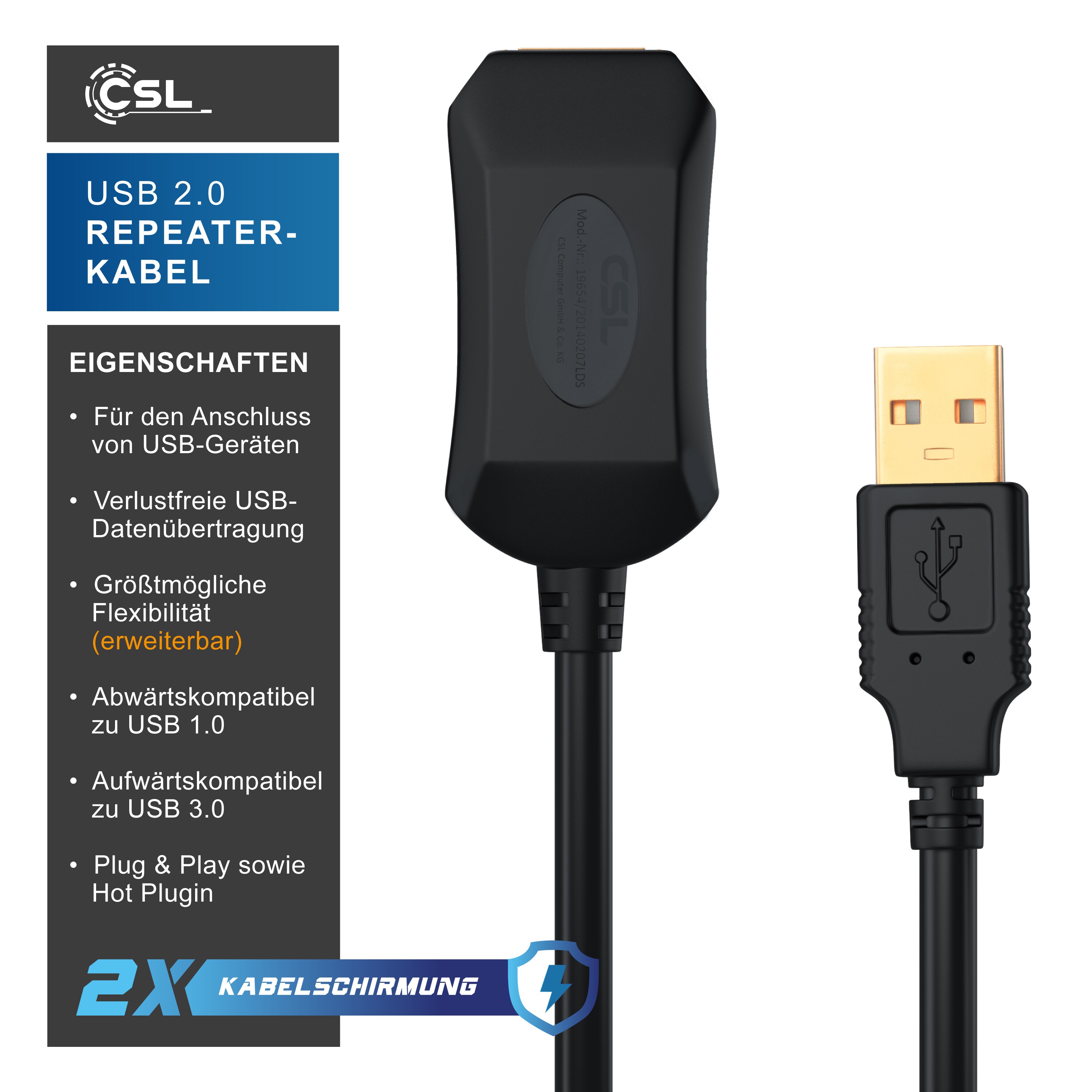 CSL USB 2.0 Typ A Verlängerungskabel, aktives Repeater Kabel / Verlängerung mit Signalverstärkung - 5m