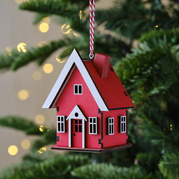Boule de noel figurine maison en bois rouge et blanc