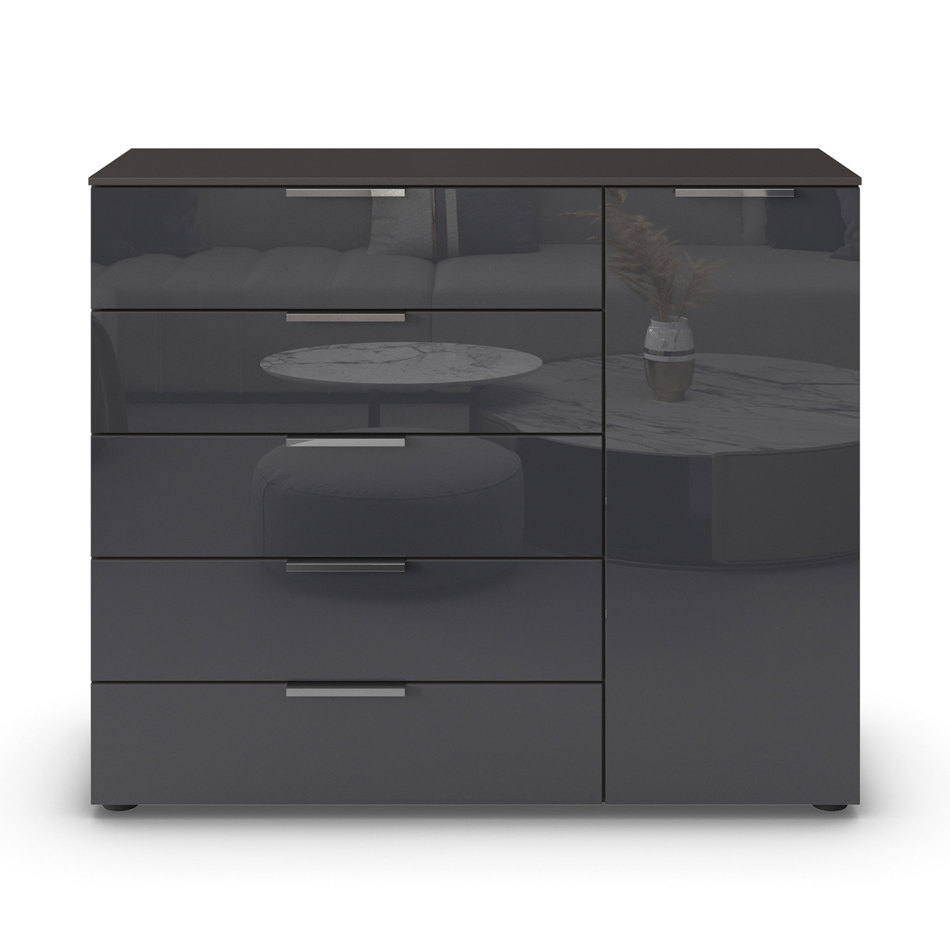 Kommode - graphit-Basaltglas - Chromgriffe - 120 cm