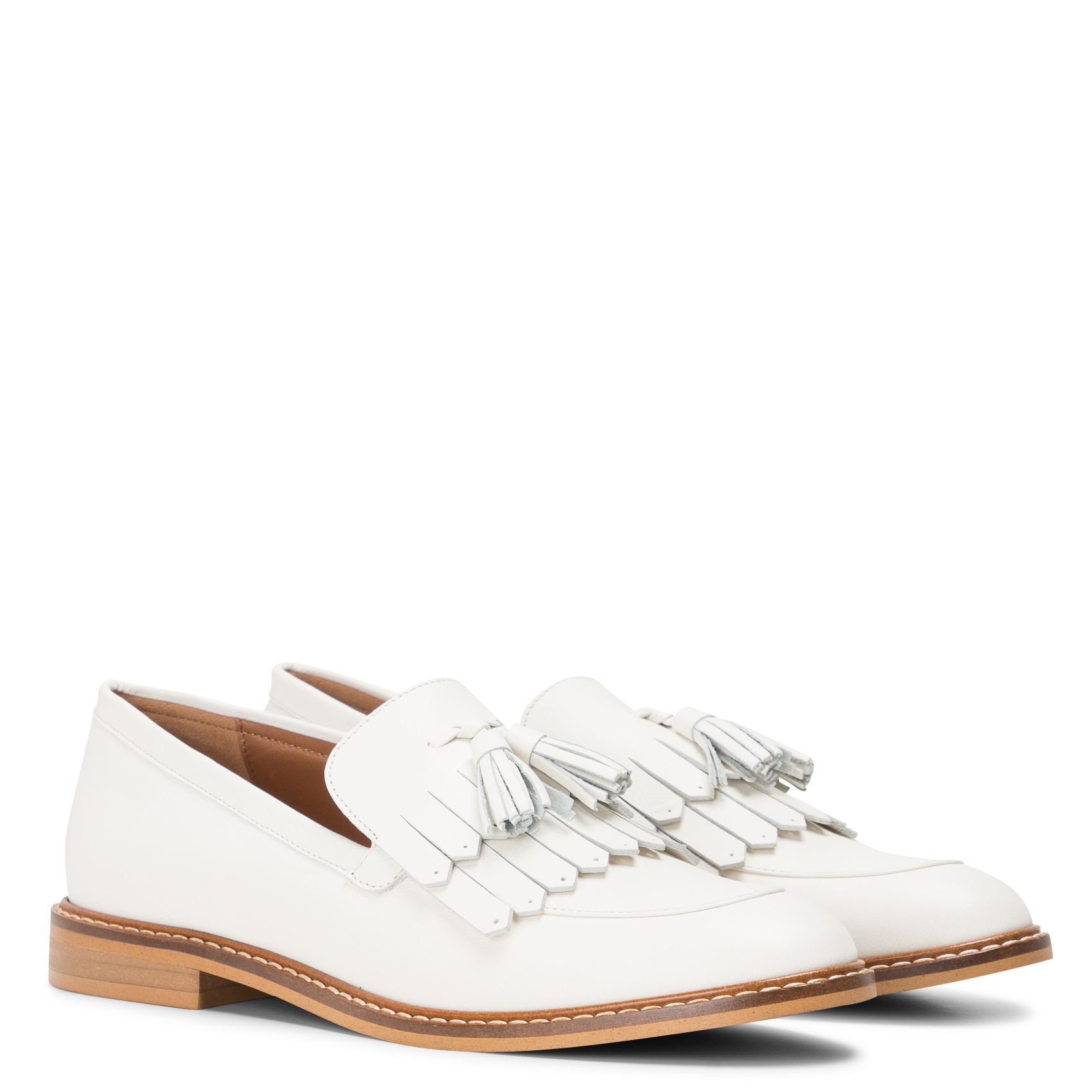 REMY - Mocassins bout rond avec franges et pompons en cuir | Blanc