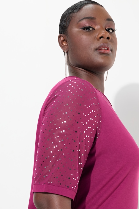 T-Shirt, Classic Fit, Mesh mit Pailletten, Jersey-Unterlage