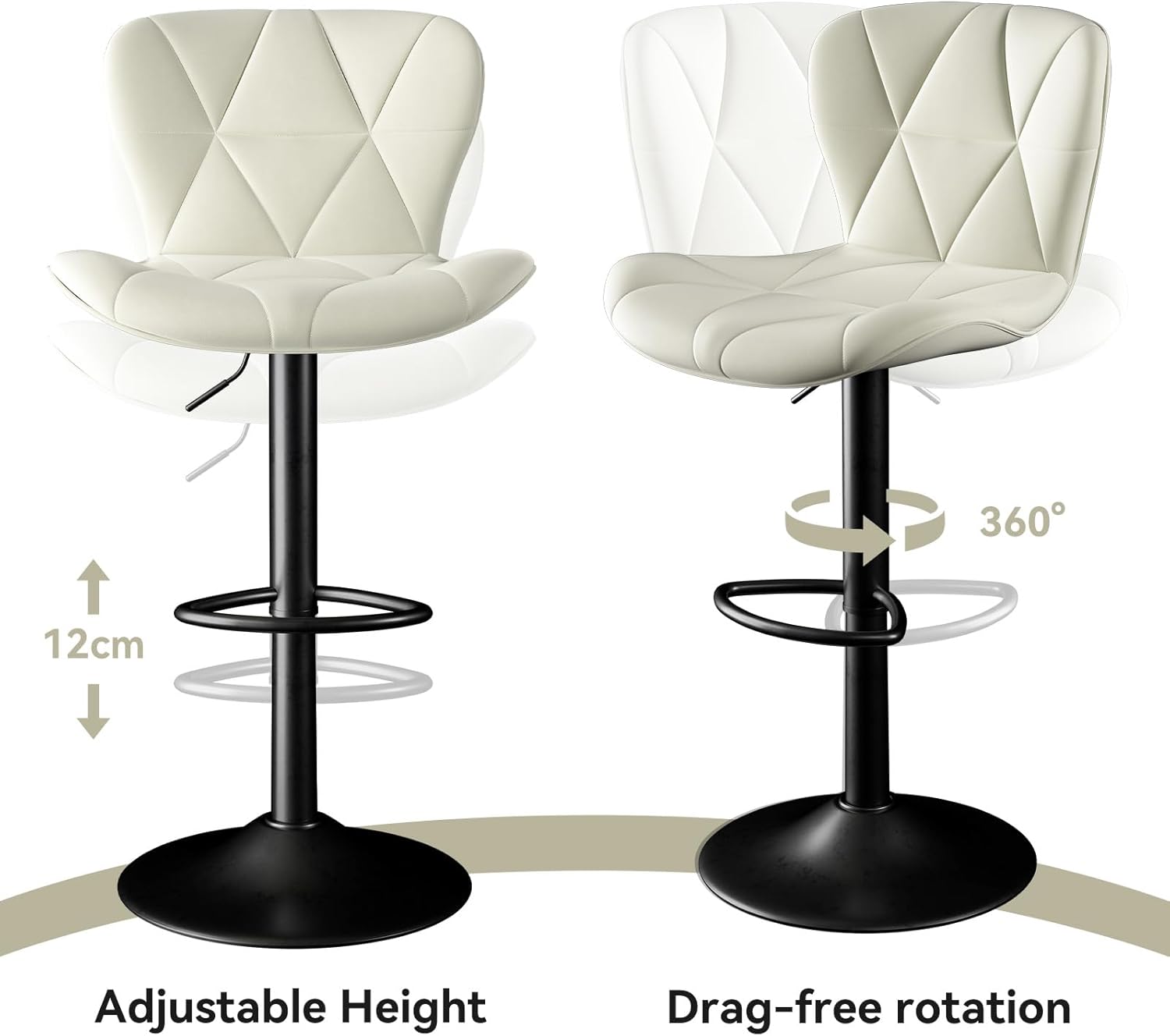 Barhocker 2er Set |Barstuhl Höhenverstellbar mit Rückenlehne, Höhenverstellbar, 360° Drehbar, Kunstleder, für Esszimmer Heimbar Kücheninsel, 2 x Hocker, Weiß