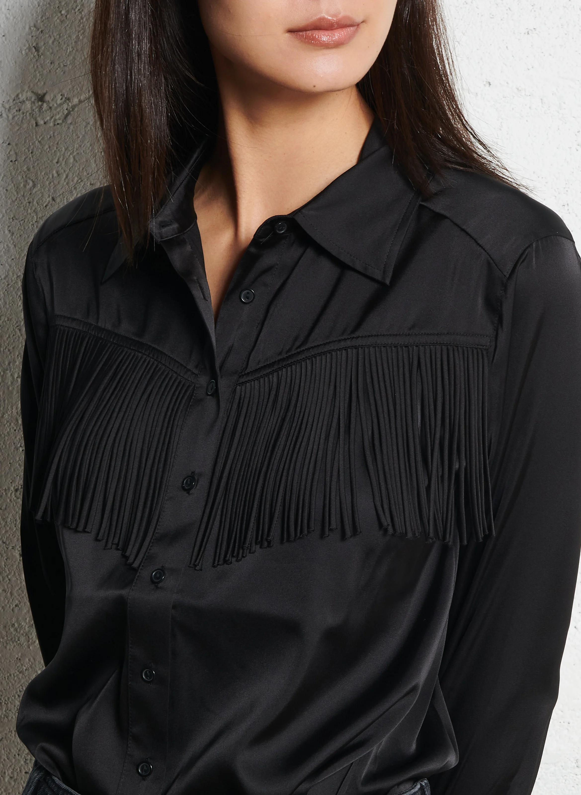 CASSIE - Chemise col classique à franges | Noir