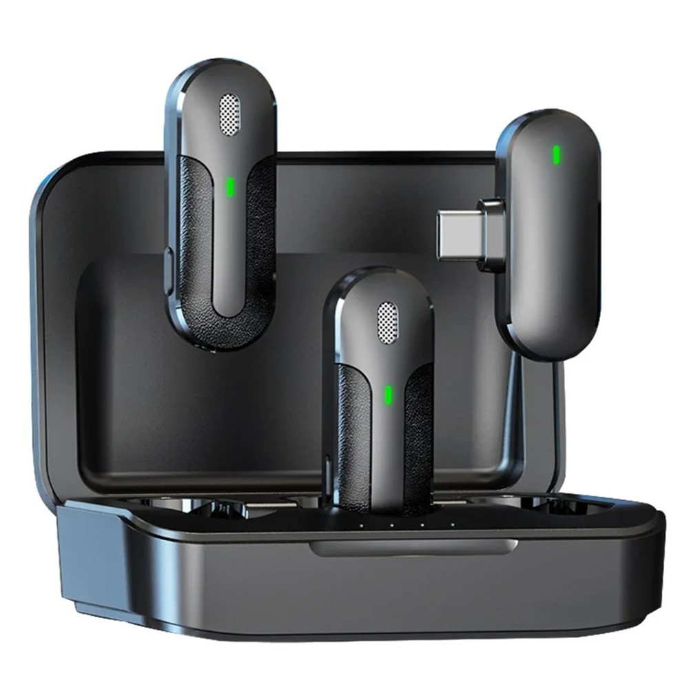 (2er Set) 2.4GHz Kabelloses Lavalier Mikrofon für Handy / Laptop mit USB C Anschluss / Clip-Halterung und Ladecase - Schwarz