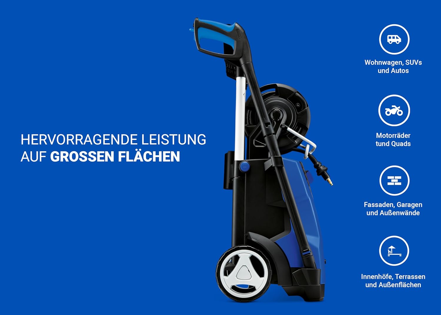 Nilfisk E 145.4 Bar Hochdruckreiniger + Schaumsprüher + Flächenreiniger + Bürste - Pressure Washer für die Reinigung von Außenbereichen und die Autowäsche (2100 W), Blau