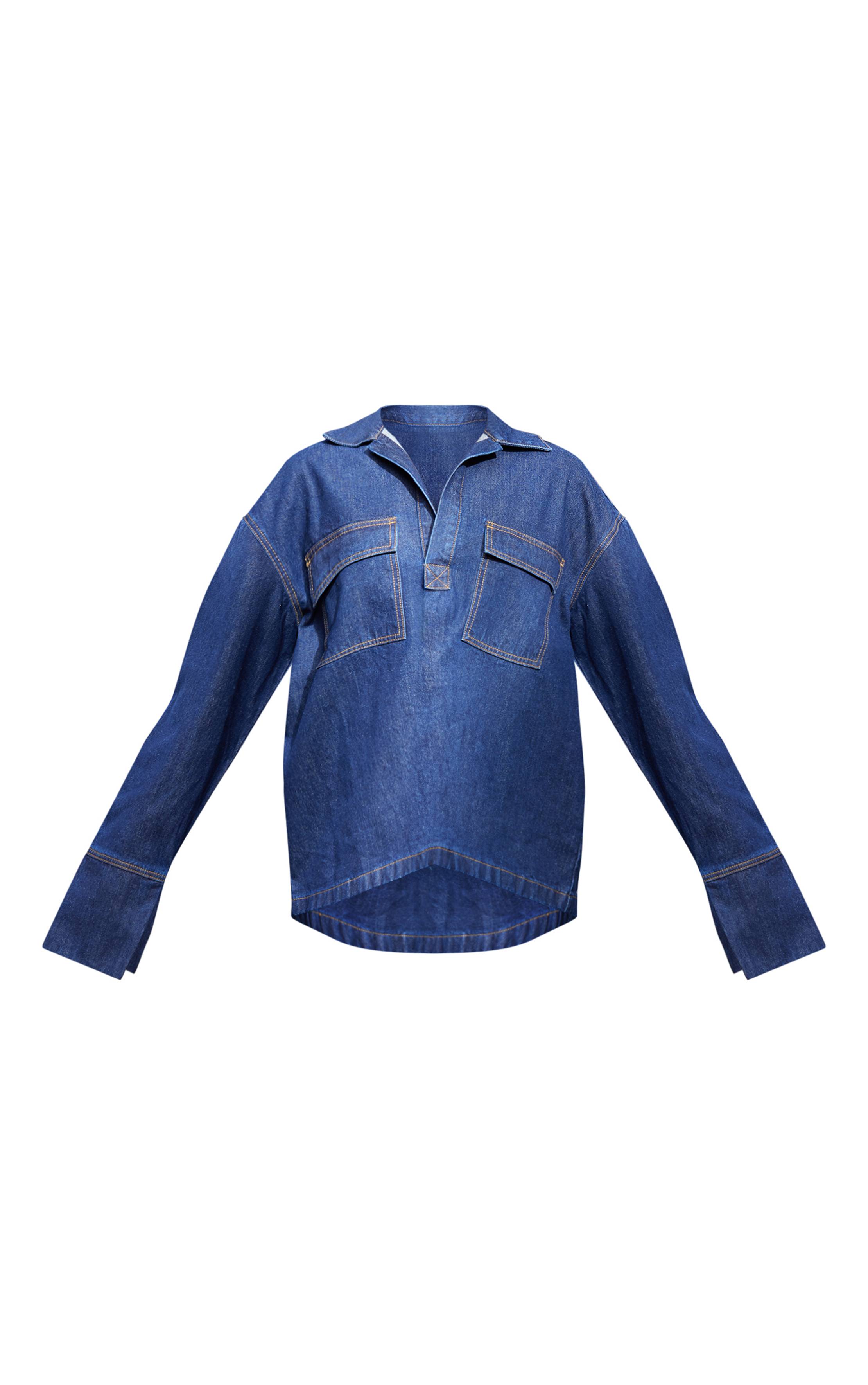 Bleu Indigo Chemise Rugby En Denim À Manches Longues Avec Surpiqûres Contrastantes