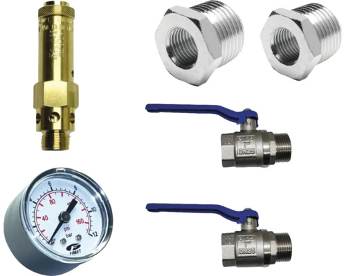 Montageset voor Aerotec 90 L verticale persluchttank: manometer, veiligheidsventiel, afsluitventiel en afdichtplug