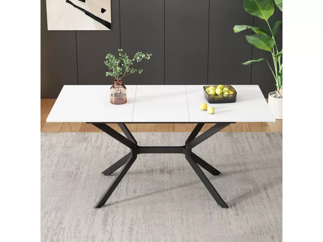 Tableau à manger extensible blanc 120/160cm, 4 à 6 personnes, en MDF et Métal, table rectangulaire
