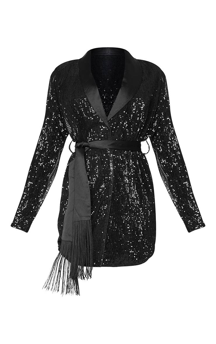 Noir Robe Blazer À Paillettes Avec Détail De Glands Et Lien