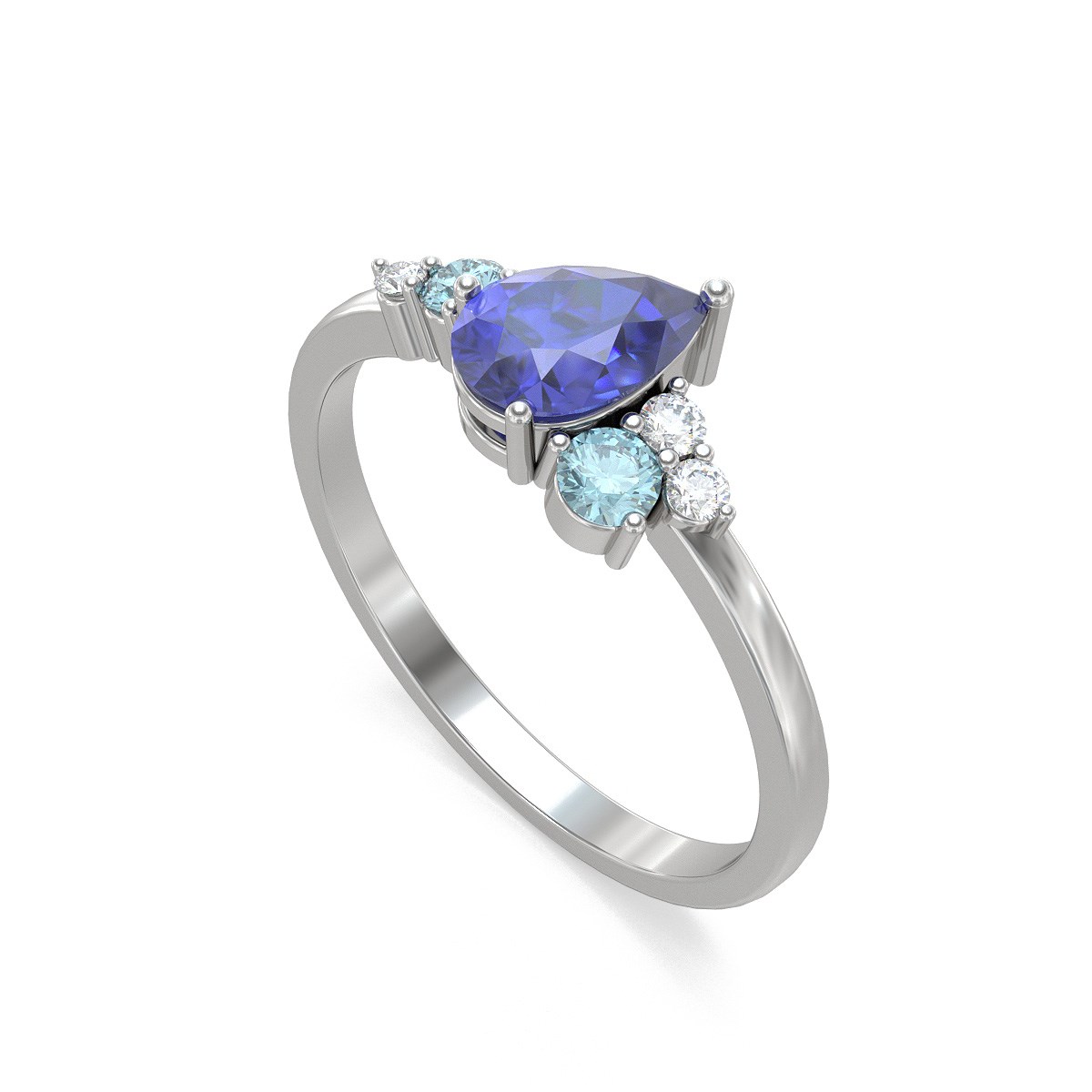 Bague ADEN Or 585 Blanc Tanzanite Aigue-Marine et diamants 2.296grs